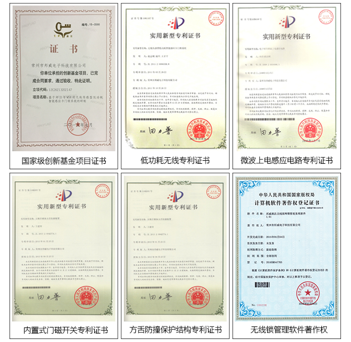 BW483辦公遠(yuǎn)距離無(wú)線鎖系統(tǒng)——專利證書：內(nèi)置式門磁開關(guān)證書，方舌防撞保護(hù)結(jié)構(gòu)證書，無(wú)線鎖管理軟件證書等